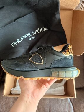•PHILIPPE MODEL• “La Rue” Paris Black/Animal Print Sneakers Shoes >> sz 37